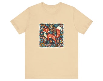 Folk Art Fox Tee Unisex Jersey Short Sleeve Tee