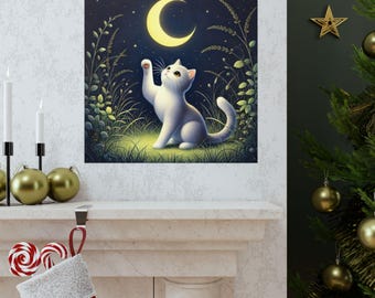 Moonlit Curiosity White Cat Reaching for the Moon Matte Vertical Posters Gift for Cat Pet Lovers