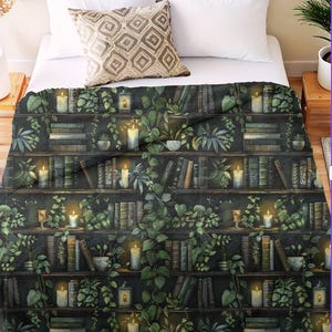 Cozy Candlelit Bookshelf Blanket, Book Lover Gift,  Soft Plush Reading Throw with Vines, Candles, and Stacked Books, Dark Academia Decor
