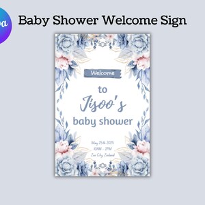 Blue Floral Baby Shower Welcome Sign, Printable & Editable Canva Template, Instant Download Decor for Baby Girl Party