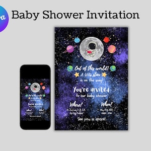 Faire-part de baby shower dans l'espace, invitation de bébé galaxie, modèle de toile imprimable et modifiable, téléchargement immédiat, thème amusant de l'espace