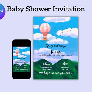 Convite para chá de bebê com balão de ar quente, modelo Canva para impressão e edição, download instantâneo de cartão para chá de bebê