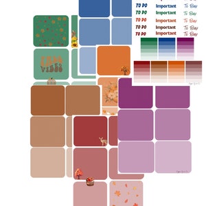 Peut inclure: Un ensemble d'autocollants numériques imprimables pour planificateur sur le thème de l'automne. Les autocollants présentent diverses couleurs, motifs et illustrations d'automne, notamment des feuilles, des citrouilles et un cerf. Le texte "Fall Vibes" est présenté sur l'un des autocollants.