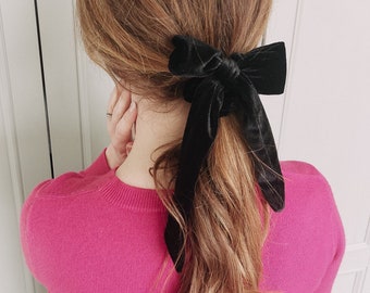 Scrunchie de pelo de terciopelo, Scrunchie de arco negro, arco de mujer, scrunchies de mujer, arco negro de terciopelo, arcos de dama, accesorios para el cabello de mujer