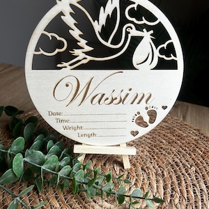 Carte bienvenue bébé en bois pour naissance bebe,carte en bois bébé cigogne, carte en bois mensurations bebe, plaque de naissance bebe.