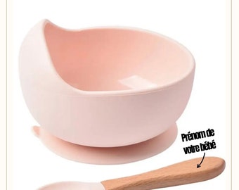 Bol ventouse bébé - Bol en silicone - set repas bebe - cuillere en bois - couvert personnalisé -cadeau personnalisé bébé