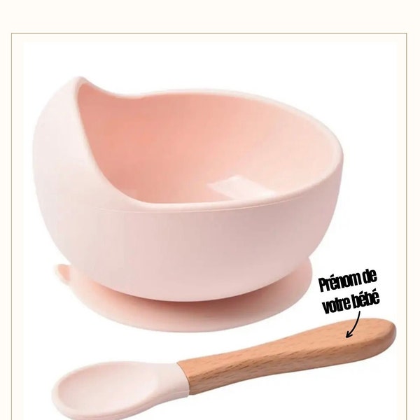 Bol ventouse bébé - Bol en silicone - set repas bebe - cuillere en bois - couvert personnalisé -cadeau personnalisé bébé