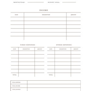 Op de afbeelding: Een printbare maandelijkse budgettracker met secties voor inkomsten, vaste uitgaven en andere uitgaven. De tracker bevat velden voor datum, beschrijving en bedrag. Er zijn ook secties voor de totale uitgaven, de totale inkomsten en de totale besparingen.
