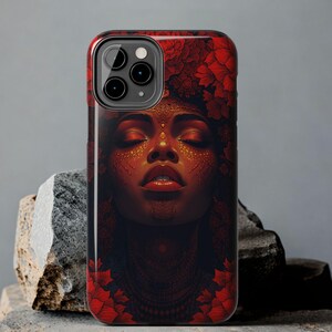Blumen Afro Frauen Telefon Hülle Lebendiges Rot Floral, Boho Chic Schutz, Schwarz Spirituelles Göttliches Geschenk für Sie, Einzigartige Telefonabdeckung, afrikanische Kunst