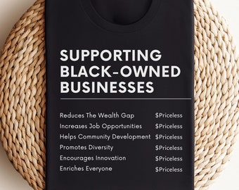May include: Black t-shirt with white text that reads "SUPPORTING BLACK-OWNED BUSINESSES." Below the text are bullet points listing the benefits of supporting Black-owned businesses. The shirt is folded on a woven surface.