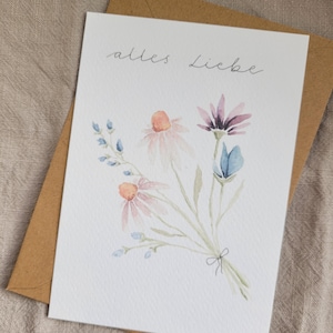 Aquarellkarte Blumenstrauß Blautöne, Herzlichen Glückwunsch