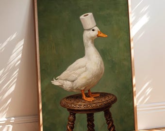 Funny Duck Toilet Paper Art Print, Quirky Animal Bathroom Decor