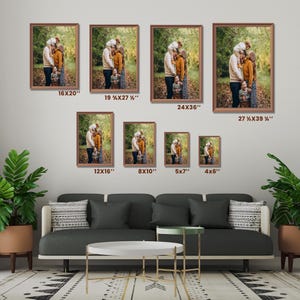 May include: A collection of framed family photos in various sizes, including 16x20 inches, 19.75x27.5 inches, 24x36 inches, 27.5x39.75 inches, 12x16 inches, 8x10 inches, 5x7 inches, and 4x6 inches. Each frame has a brown wooden border and displays a family portrait.