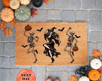 Witch and Skeletons Doormat, Pumpkins & Bats Welcome Mat, Halloween Gift