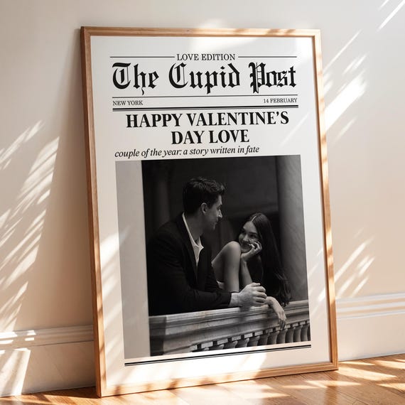 Valentines Day Couple Newspaper Wall Art, Editable Valentine Newspaper, Valentine's Day Gift, Gift for Girlfriend, Gift for Wife, Wall Art