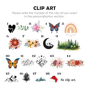 May include: A sheet of paper with 19 different clip art images numbered 1 through 19. The images include hearts, butterflies, flowers, rainbows, mountains, trees, moons, and stars. The text "CLIP ART" is at the top of the sheet. The text "Please write the number of the clip art you want in the personalization section." is below the title. The text "No clip art." is at the bottom of the sheet.