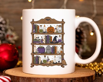 Witchy Bookshelf Mug, Halloween Coffee Mug, Spooky Reader Gift