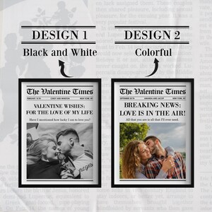 May include: Two framed newspaper-style prints. Design 1 is black and white with a couple kissing, the headline reads "Valentine Wishes: For the Love of My Life." Design 2 is colorful with a couple kissing, headline reads "Breaking News: Love is in the Air!"