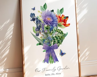 Personalized Birthflower Print, Custom Gift, Housewarming Gift, Living Room Wall Art, Framed Wall Decor, Birth Month Gift, Gift For Grandma