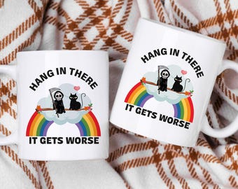 Grim Reaper Black Cat Mug, Sarcastic Rainbow Quote Ceramic Coffee Cup