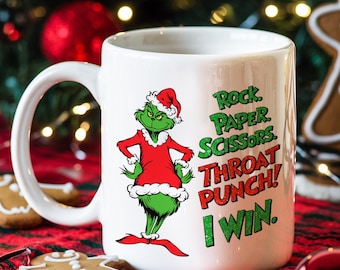 Rock Paper Scissors Mug, Coffee Mug, Grinch Coffee Mug, Movie Lover Gift, Christmas Gift, Holiday Coffee Mug, Ceramic Mug, Funny Mug