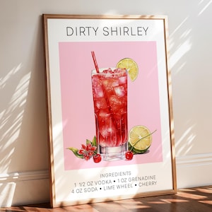Impresión de Dirty Shirley, póster de cóctel, decoración de carrito de bar, arte de pared de cóctel rosa, póster de cóctel retro, arte de pared imprimible, arte de pared de cóctel