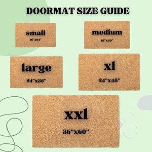 May include: A guide to doormat sizes with five different sizes: small (16"x24"), medium (18"x30"), large (24"x36"), XL (24"x48"), and XXL (36"x60").