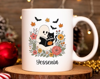 Custom Halloween Mug, Ghost and Black Cat Coffee Mug, Spooky Vibes, Bookish Gift