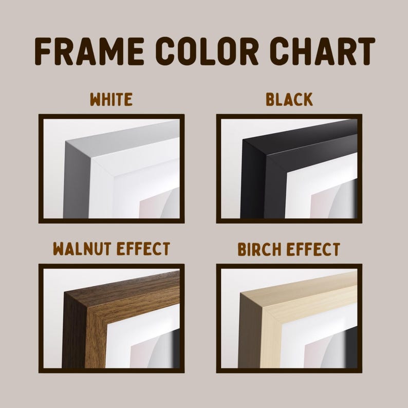 May include: Frame color chart with four frame options: white, black, walnut effect, and birch effect. Each frame is shown in a square, with the frame's corner visible. The text "FRAME COLOR CHART" is at the top.