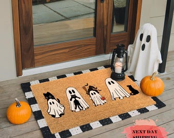 Ghosts & Black Cats Doormat, Halloween Welcome Mat, Spooky Season