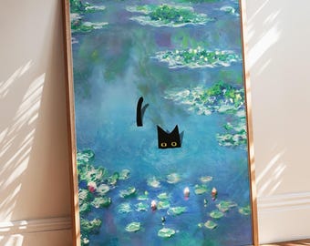 Monet Waterlily Cat Print, Claude Monet Cat Poster, Cat Art, Floral Print, Wall Art Decor Monet, Wood Framed Sign, Home Decor, Framed Prints