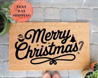 Merry Christmas Doormat, Front Door Mat, Holiday Decor, Christmas Gift, Christmas Tree, Xmas Decor, Santa Claus, Xmas Gift, Entryway Decor