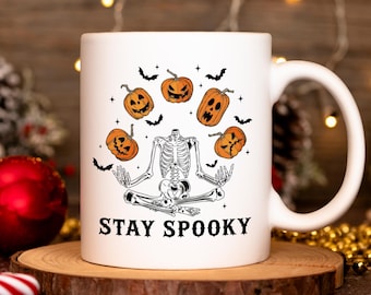 Halloween ''Stay Spooky'' Ceramic Mug, Skeleton Meditation Mug, Fall Gift