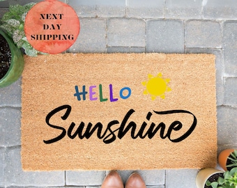 Hello Sunshine Doormat, Natural Coconut Fiber, Non-Slip PVC Backing