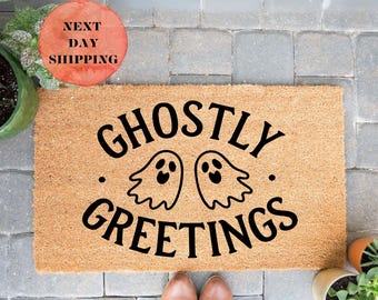 Ghostly Greetings Halloween Doormat, Fall Decor, Halloween Welcome Mat, Halloween Decor, Patio Decor, Funny Gift, Ghost Doormat, Outdoor Mat