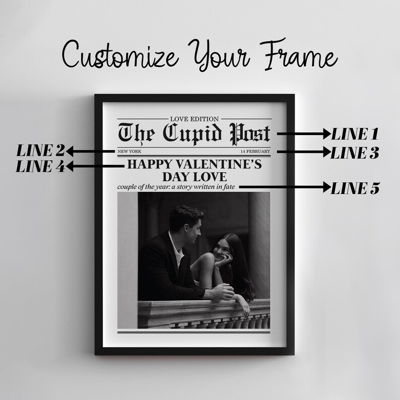 May include: A framed black and white print featuring a newspaper-style design. The headline reads "The Cupid Post" with "Happy Valentine's Day Love" below. The image shows a couple in a romantic embrace. The text "Customize Your Frame" is at the top.
