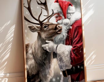 Santa With Reindeer Print Frame, Christmas Home Decor, Living Room Wall Decor, Wall Decor, Christmas Gift, Holiday Decor, Santa Decor