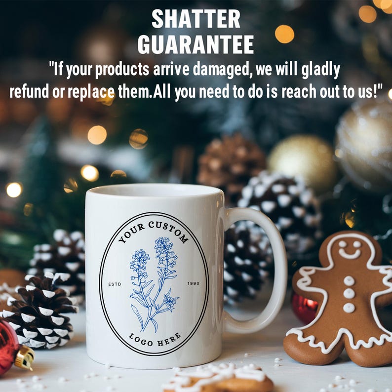 May include: White ceramic mug with a black circle design featuring a blue floral illustration and the text "YOUR CUSTOM ESTD 1990 LOGO HERE".