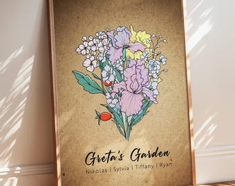 Personalized Birthflower Print, Housewarming Gift, Living Room Wall Art, Framed Wall Art, Birth Month Gift, Gift For Grandma, Floral Gift