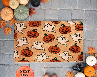 Ghosts and Pumpkins Doormat, Halloween Porch Decor, Spooky Season Home Decor