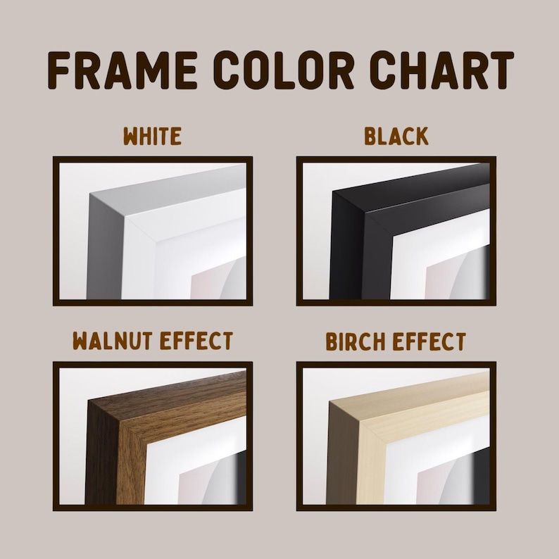 May include: A color chart showing different frame options for a picture frame. The options are white, black, walnut effect, and birch effect.