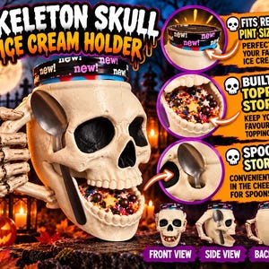 May include: A beige skeleton skull ice cream holder with a skeletal hand handle, a top opening for a pint-sized tub, a mouth compartment for toppings, and a cheekbone slot for a spoon. Text includes SKELETON SKULL ICE CREAM HOLDER.