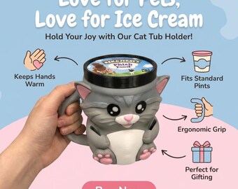 Cat Ice Cream Pint Holder with Handle - Leak Proof Reusable Sleeve