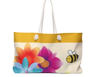 Bees and Blooms, Weekender Tote, beach bag, him her carry-on, weekender bag, gift him her, oversized tote, summer tote, colorful bag