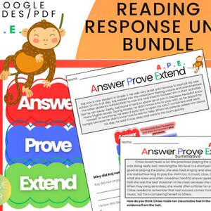 May include: A printable worksheet for students to answer, prove, and extend their understanding of a reading passage. The worksheet features a monkey graphic and the words "Answer, Prove, Extend" in colorful speech bubbles.