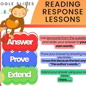 May include: A colourful graphic featuring a cartoon monkey holding onto a vine. The graphic is titled "Reading Response Lessons" and includes the acronym "A.P.E." with the words "Answer", "Prove", and "Extend" in three overlapping circles. The graphic provides instructions for answering reading comprehension questions.