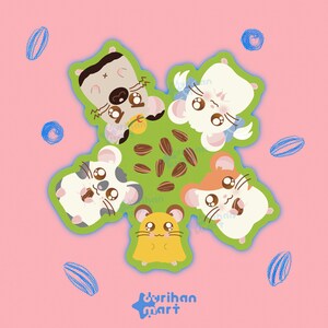 May include: A sticker design featuring five cartoon hamsters arranged in a circle around a pile of brown sunflower seeds on a green background. The hamsters have large eyes and varied fur colors. Blue sketched seed outlines surround the group.