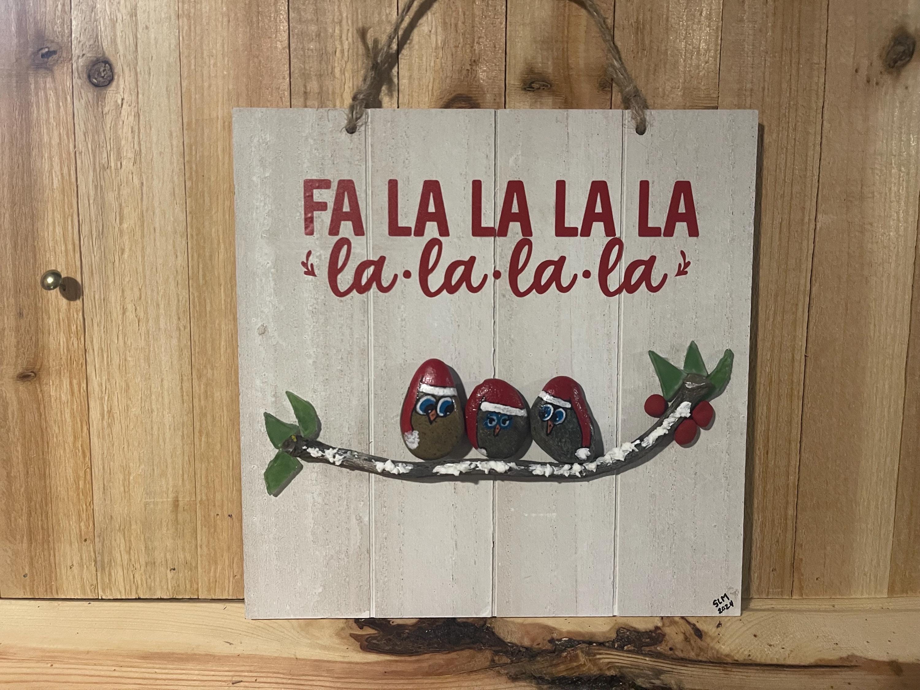 Christmas Owl Family Pebble Art - Santa Hat Owls on Snowy Branch - Handmade Rustic Holiday Decor - F