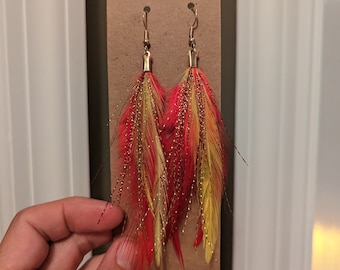 Kansas City Chiefs Inspired Earrings • Chiefs + Swiftie Color Inspired Earrings • Feather Earrings with Sparkle • Handmade Jewelry