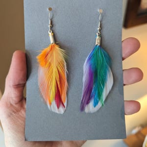 May include: A pair of feather earrings. One earring features a gradient of orange, yellow, and red feathers with a white base. The other earring has a gradient of green, blue, purple, and white feathers. Both earrings have silver-colored hooks.